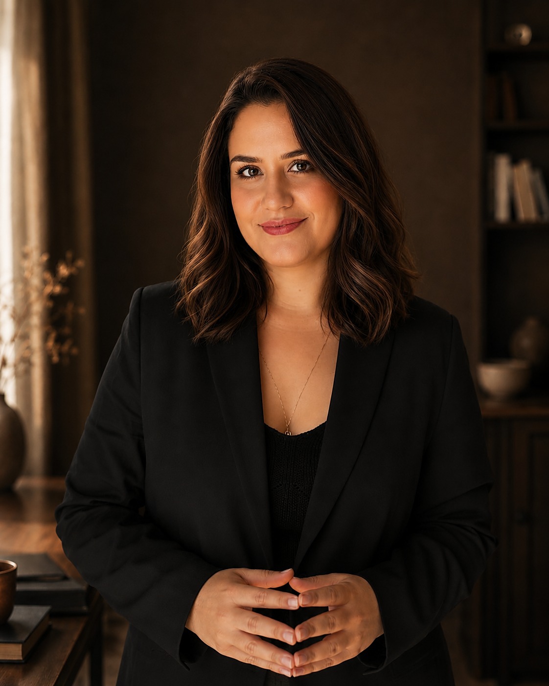 Burcu Nayan, çalışma ortamında ayakta portre